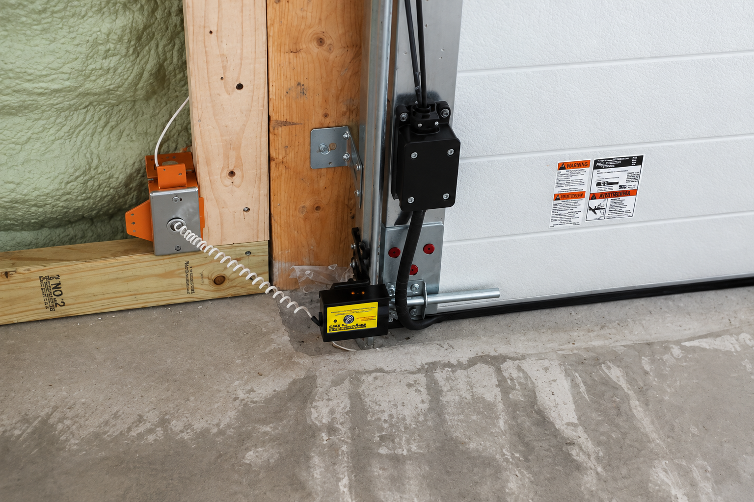 Garage corner with electrical conduit, wall box, and unfinished flooring by a white garage door
