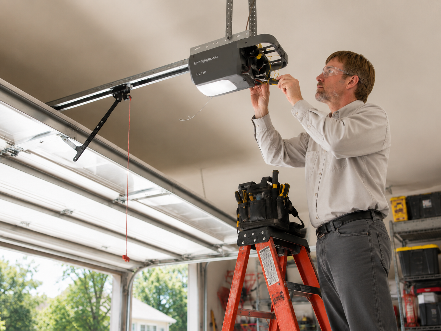 Man adjusting a garage door opener on a ladder in a garage, with the door partially open and daylight outside