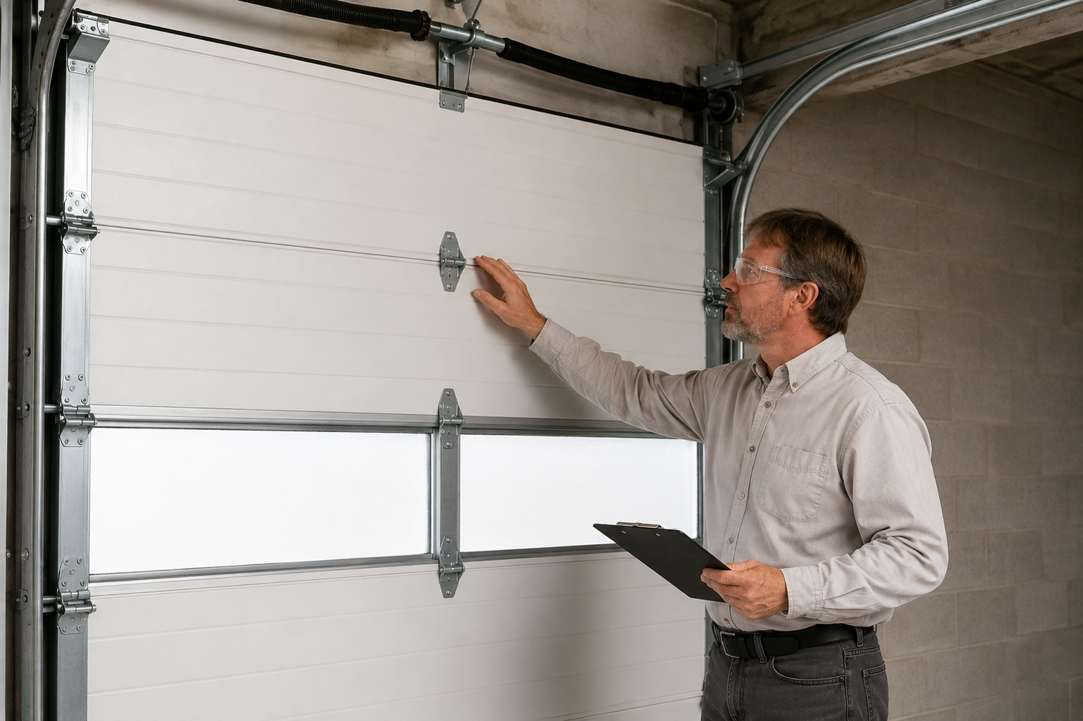 Man inspecting a garage door panel with a clipboard in hand