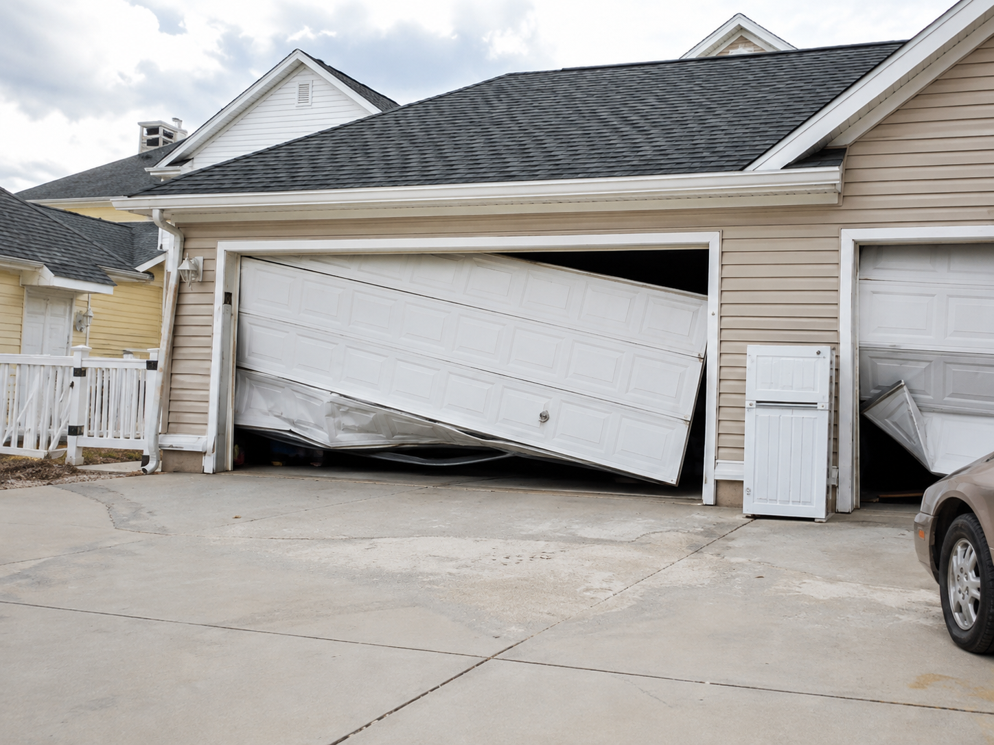 Damaged garage door bent inward on a beige house with a driveway in front