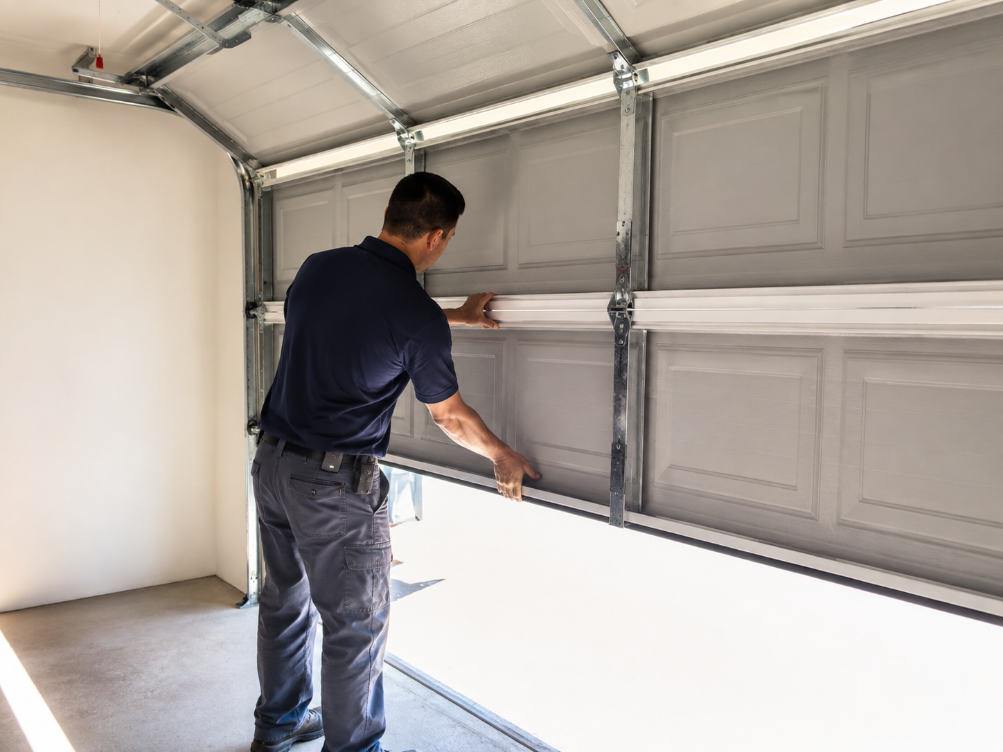 Man installing a garage door panel inside a white garage, holding a tool at the bottom edge.