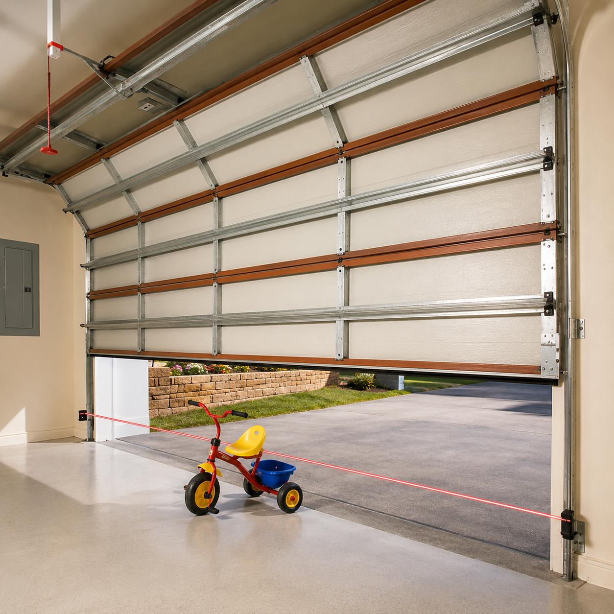 Garage with open door and a small yellow tricycle on the floor.