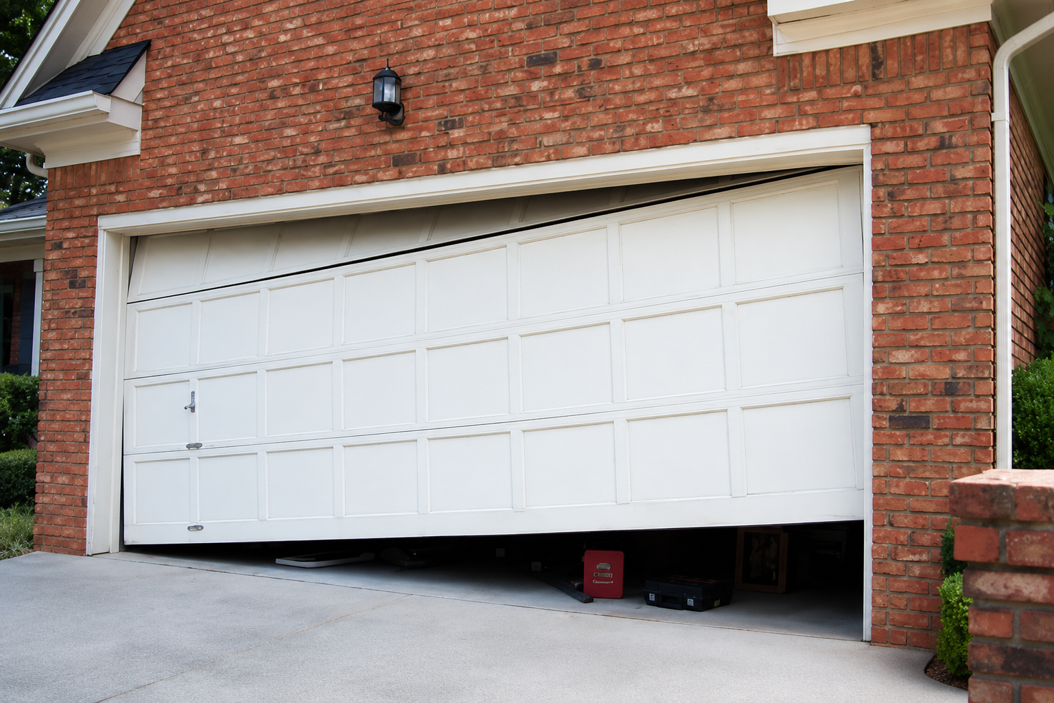 Partially open white garage door on a red brick house, revealing a dark interior.