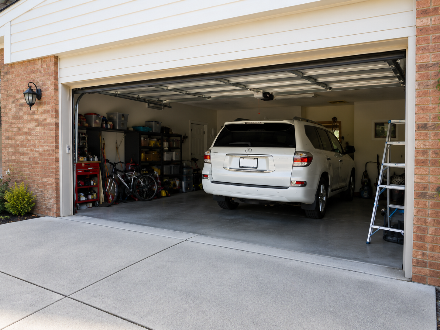 Open garage with a white SUV parked inside, bikes and storage shelves along the left wall, ladder on the right