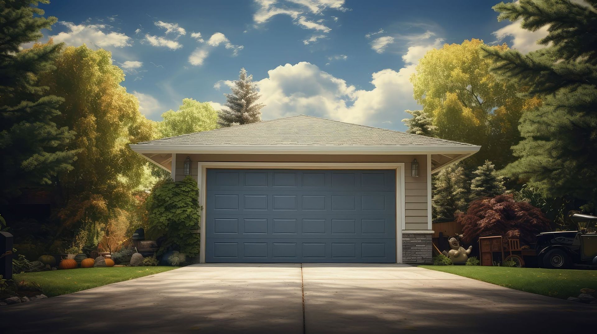 Suburban house with a blue garage door, sunlit driveway, and trees under a partly cloudy sky