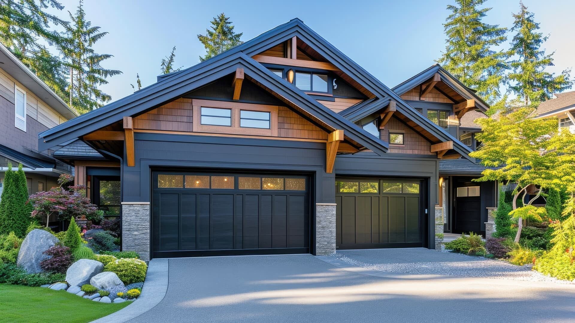 Modern house with wood and stone exterior, black garage doors, and a landscaped front yard