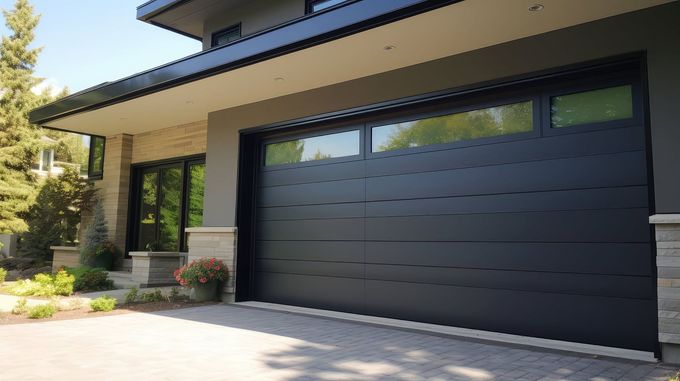 Modern house exterior with a large black garage door and driveway