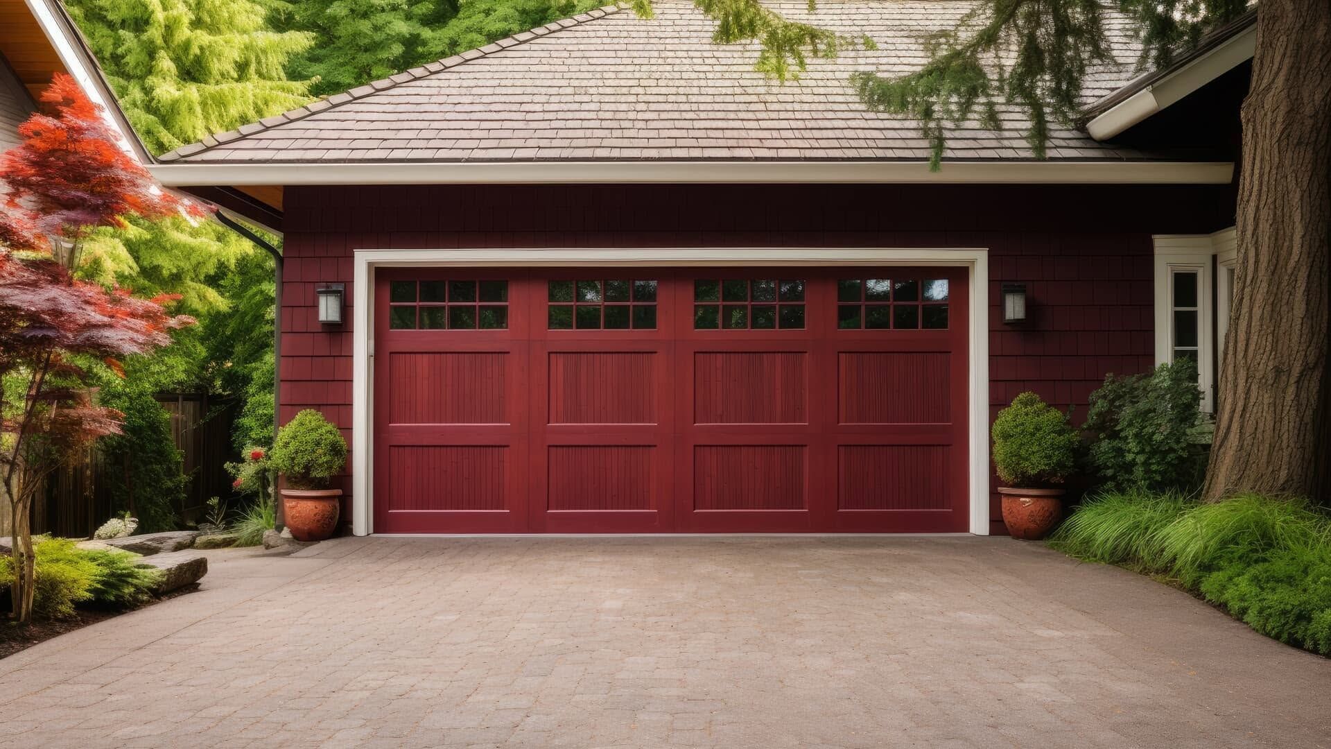 Red double garage doors on a house with a wide driveway and landscaped greenery