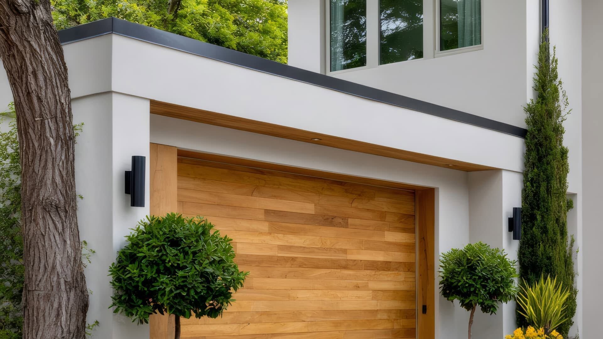 Modern house exterior with a wooden garage door, white trim, and landscaped greenery