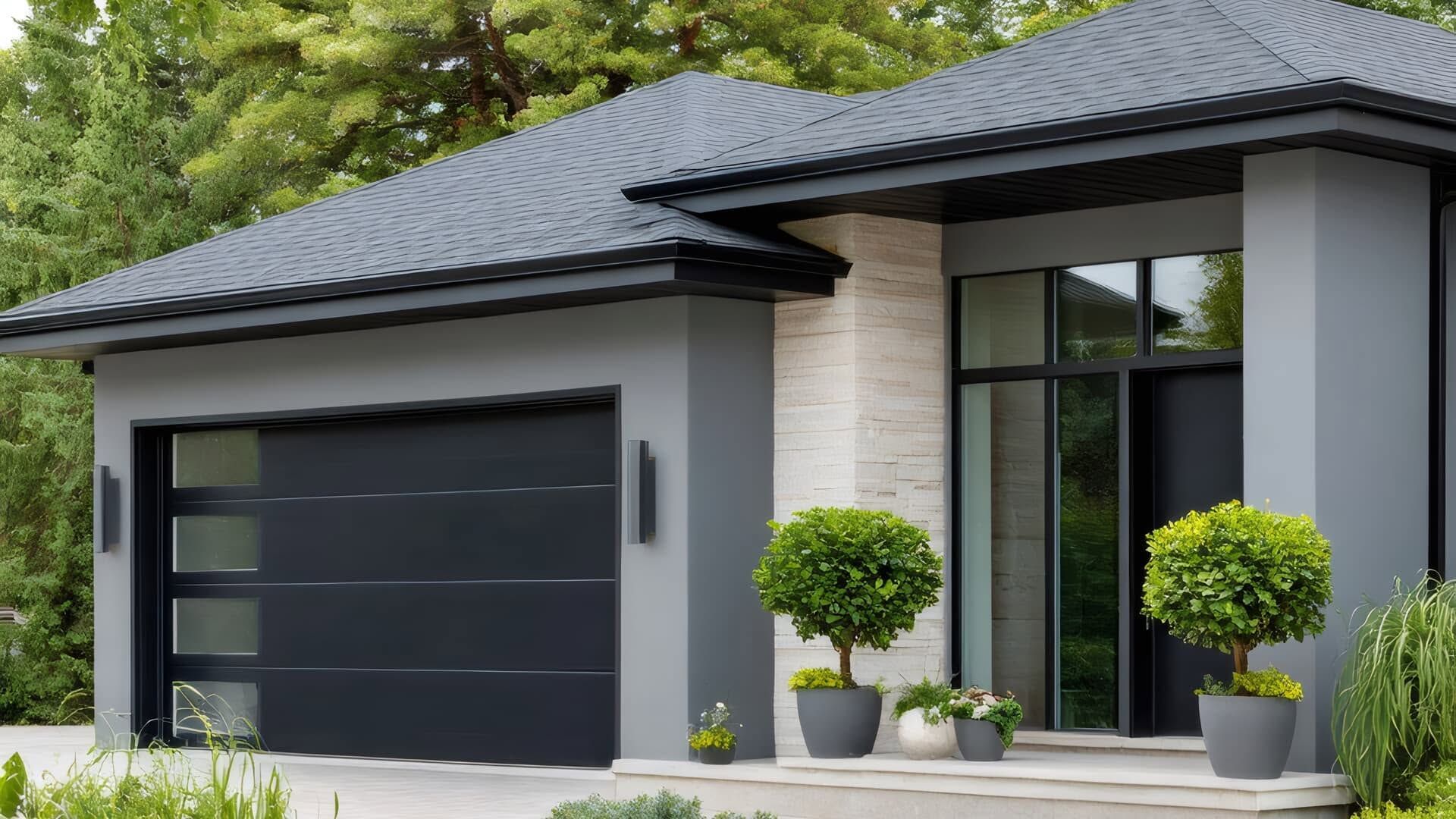 Modern gray house exterior with black garage door, stone entry, and potted topiary trees