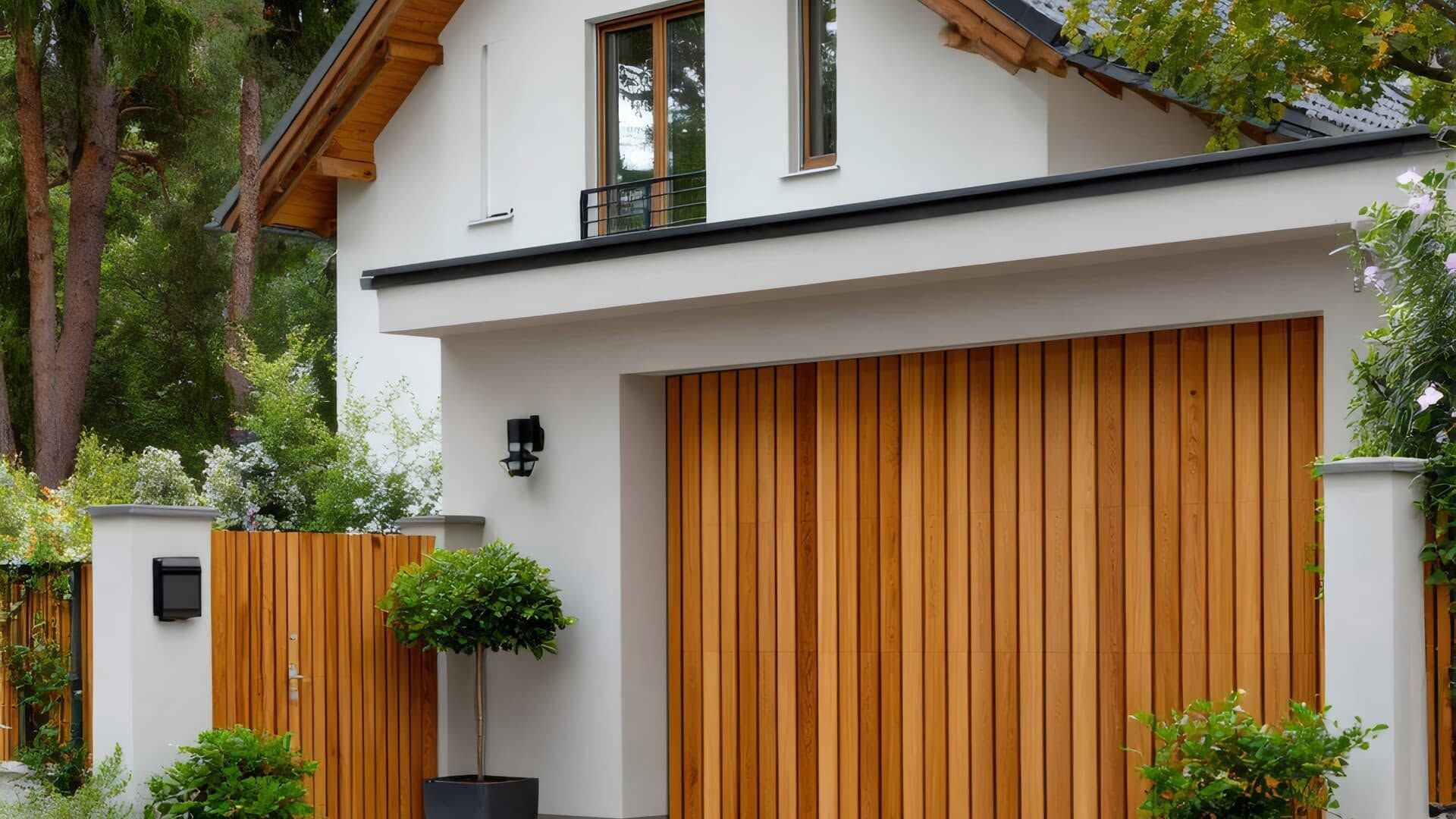 Modern house exterior with white walls, wood-paneled garage door, and front gate surrounded by greenery