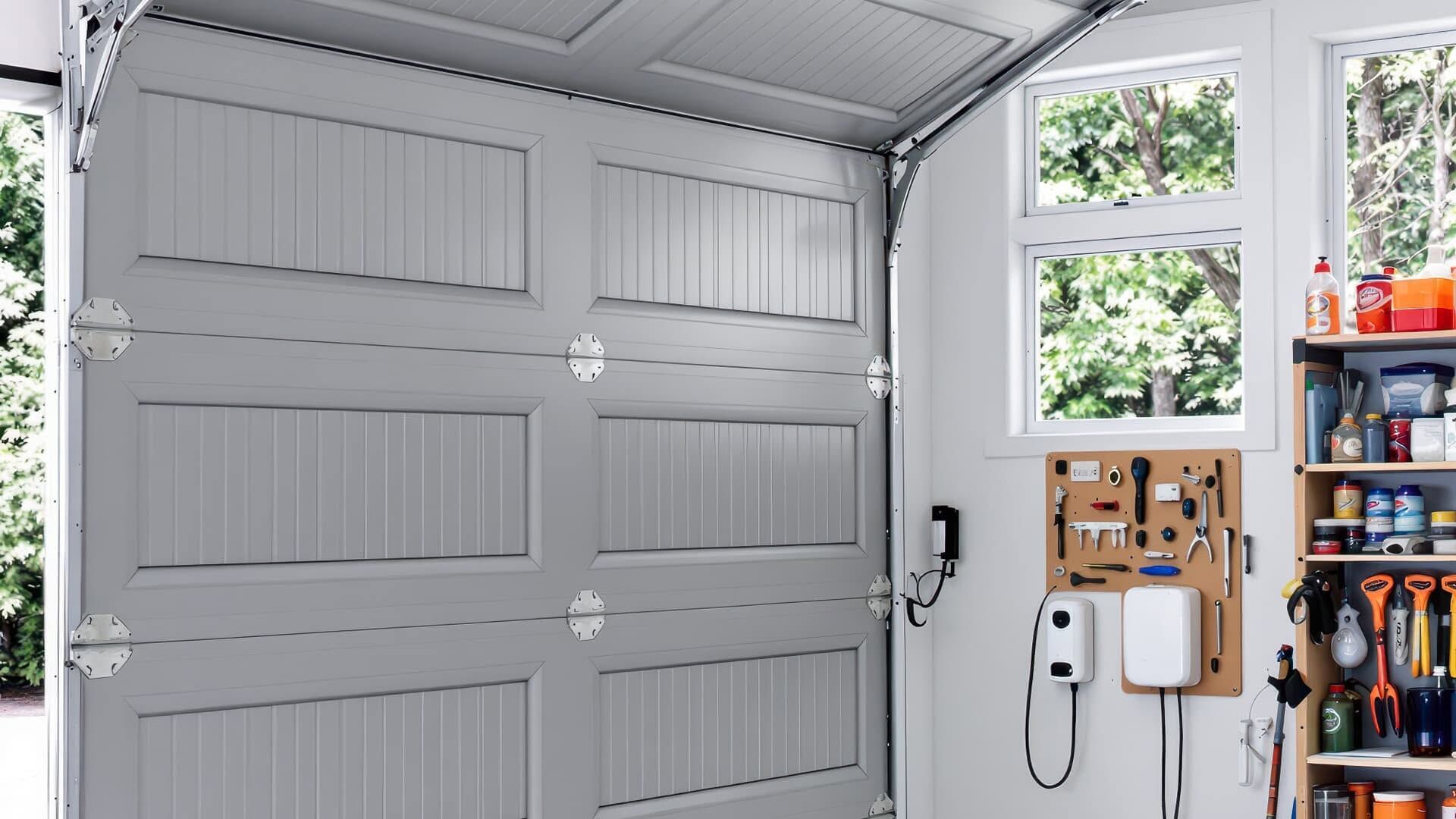 Gray garage interior with windows, a wall-mounted opener, and organized tools on shelving and pegboard