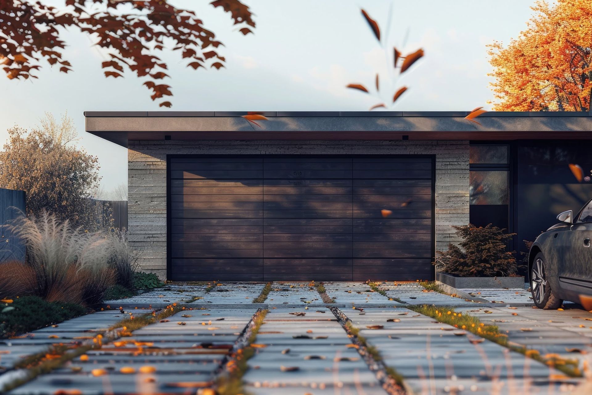 Modern house with a closed garage door, stone driveway, and autumn leaves in the foreground