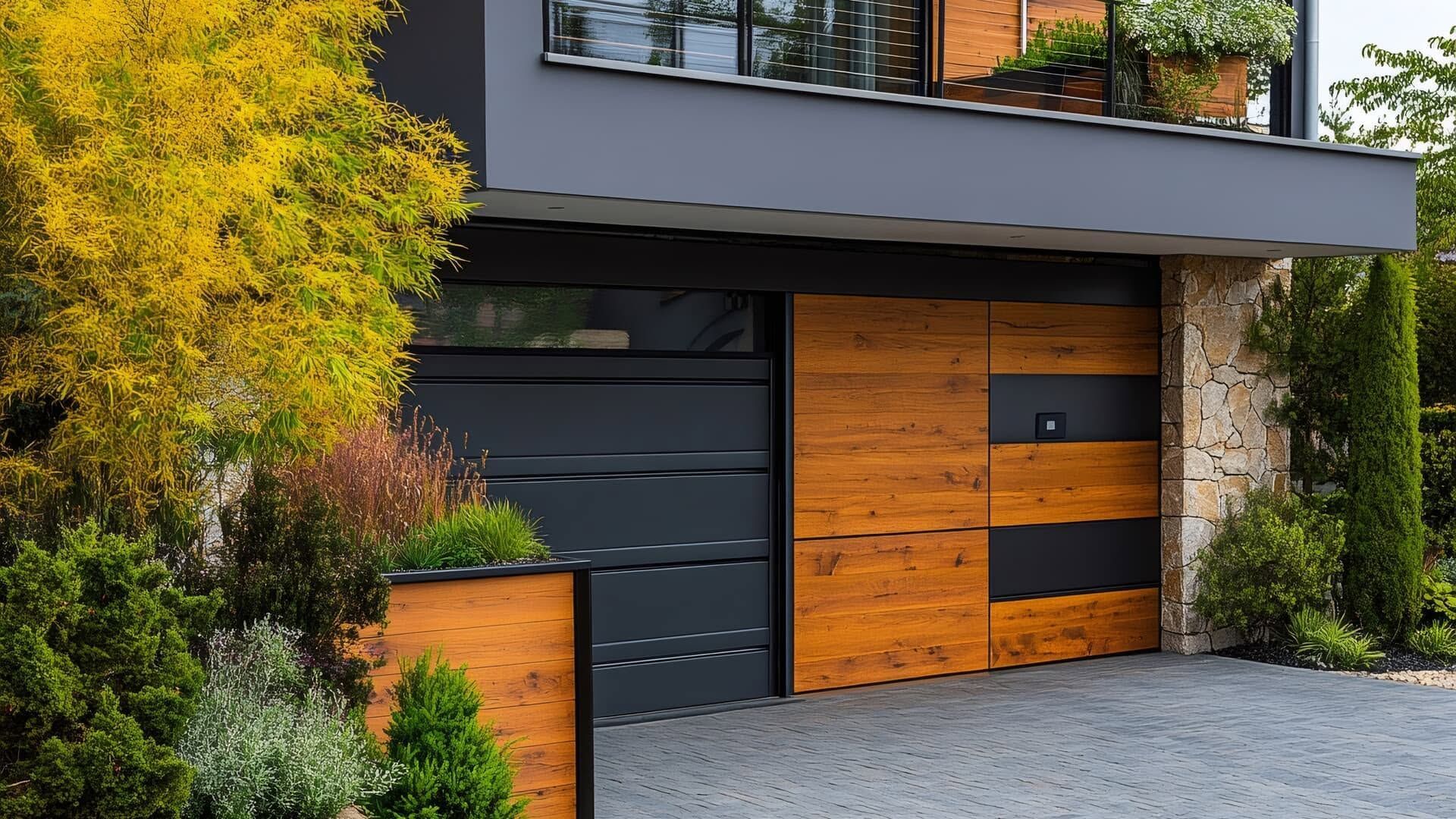 Modern house exterior with a black garage door and wooden panel accents beside greenery