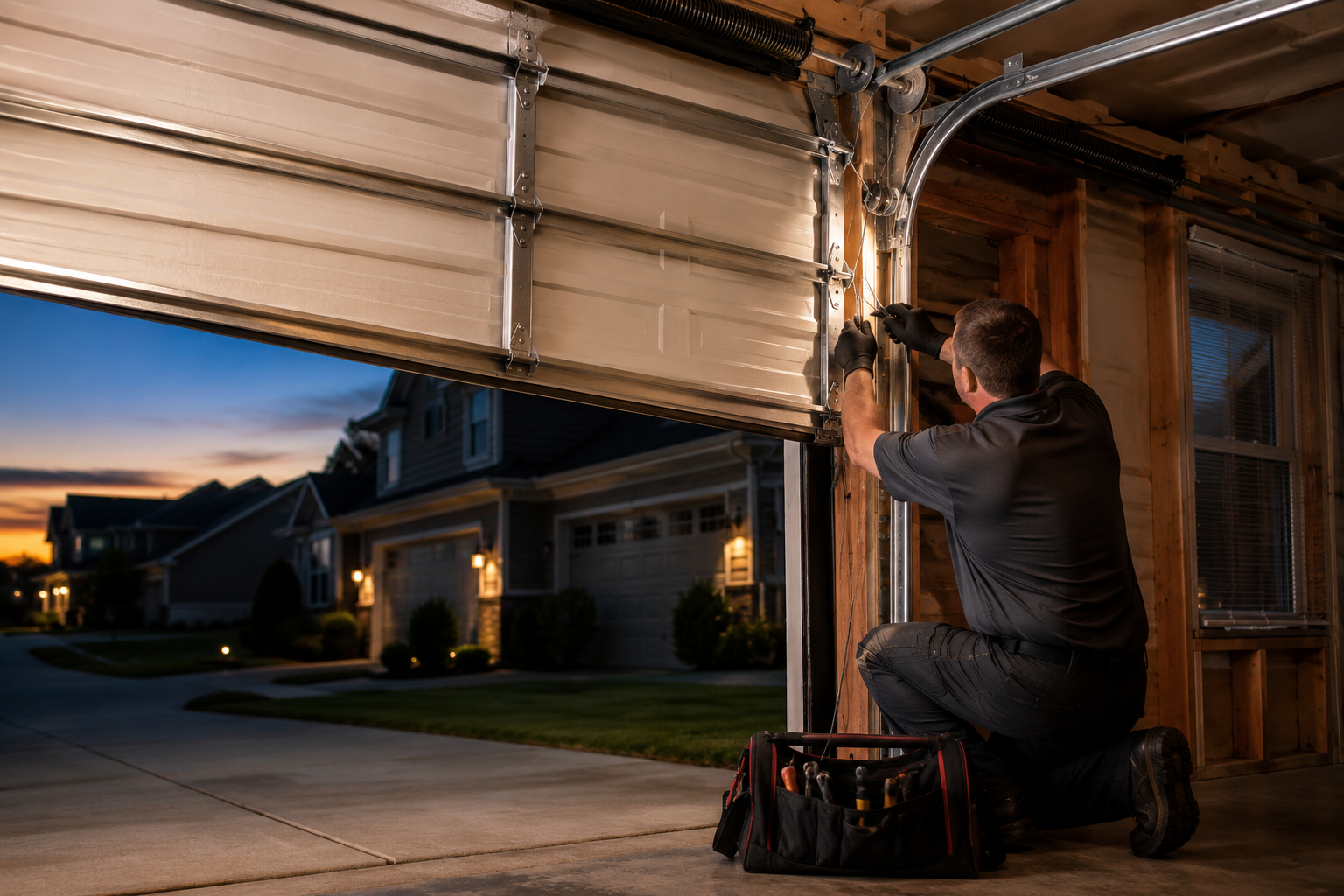 Man fixing a garage door at dusk, with a tool bag beside him and houses lit in the background.
