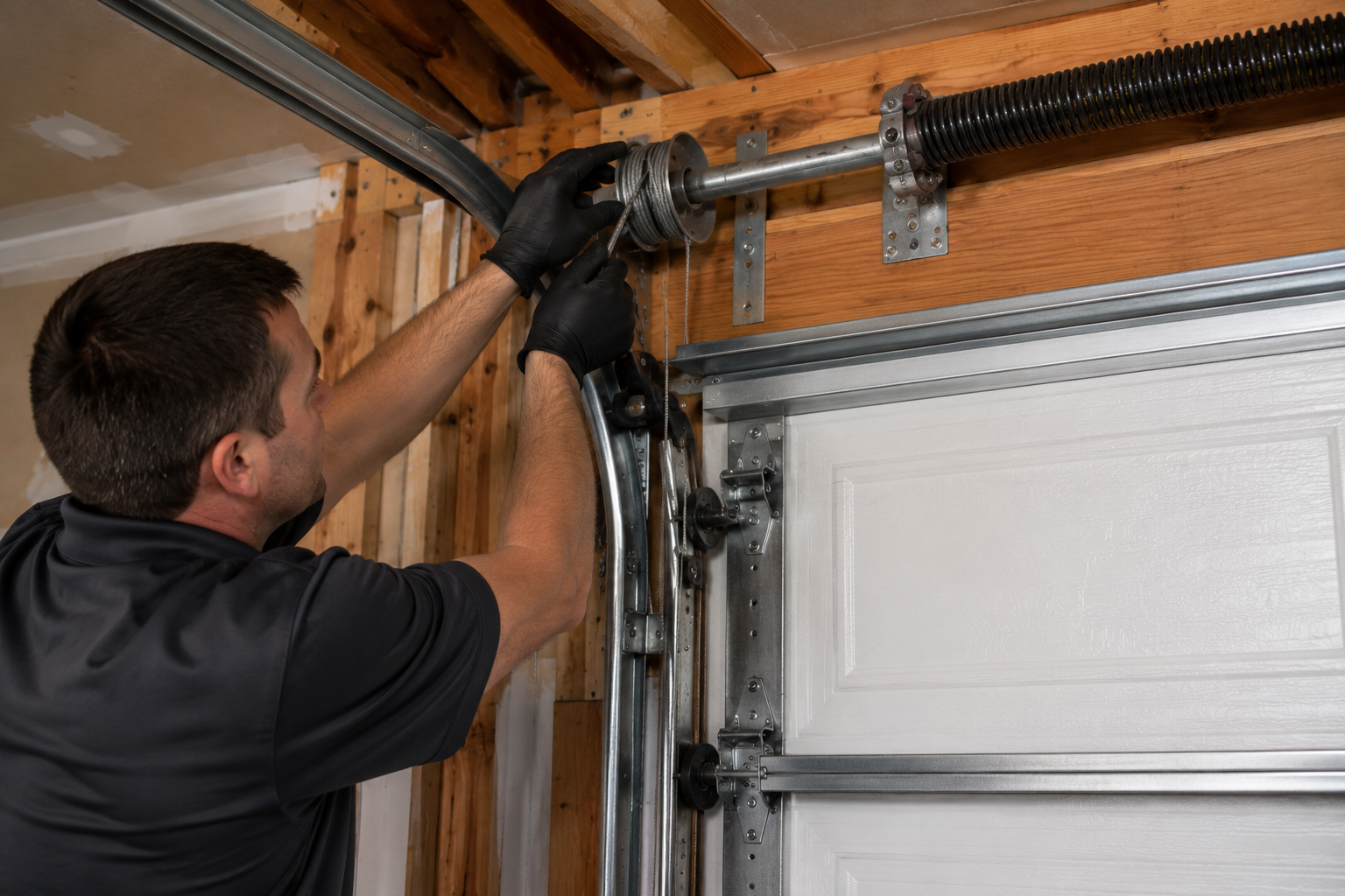 Technician repairing a garage door opener mechanism overhead inside a garage.