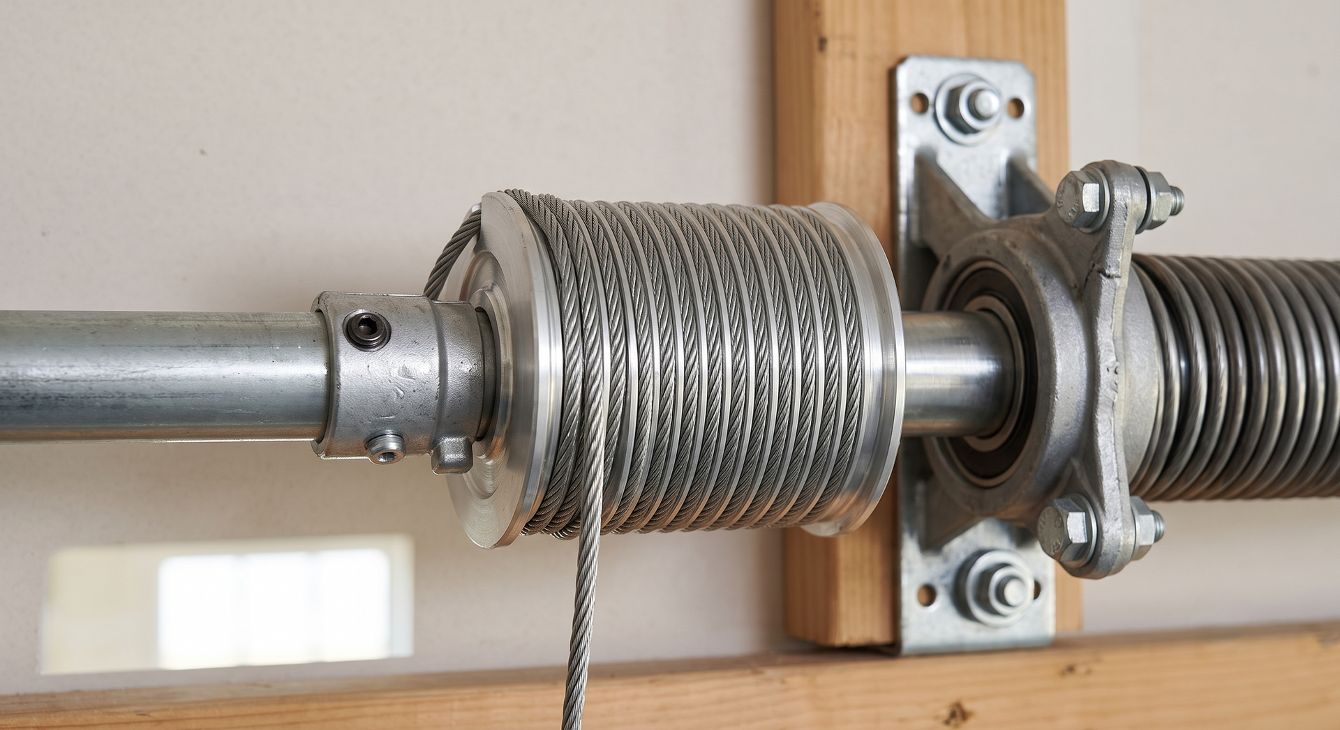 Metal cable reel on a wall-mounted bracket with a hand crank and chain attached to a rod