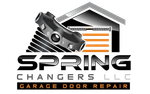 Spring Changers LLC logo with black spring and garage door icon in gray, orange, and black text.