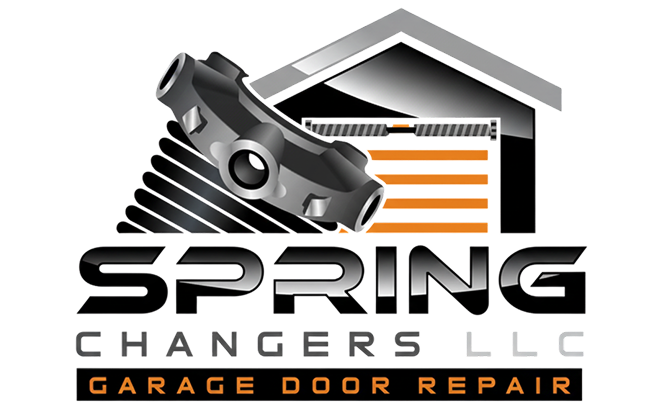 Spring Changers LLC logo with black spring and garage door icon in gray, orange, and black text.