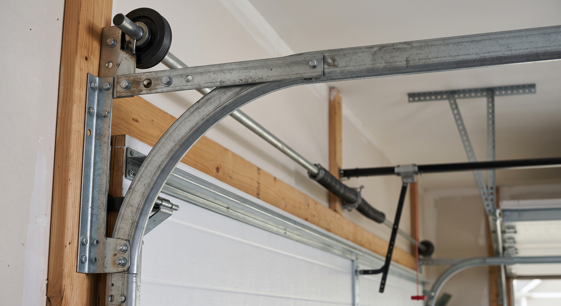 Garage door opener rail and curved metal track mounted near the ceiling above a garage door