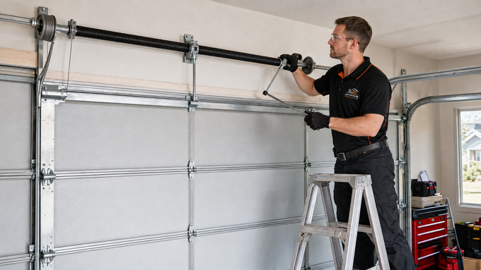 Garage door interior with metal tracks, dark wood trim, and a yellow wall above.