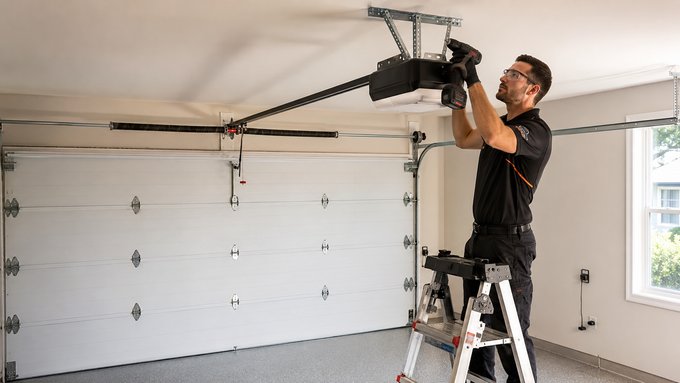 Garage ceiling with a red-and-white overhead garage door opener and shelves of tools below