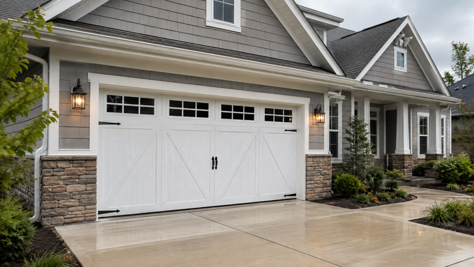 Man adjusting a garage door opener button beside a closed garage door