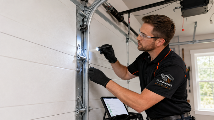 Technician in blue coveralls adjusts a garage door opener beside a white sectional door.