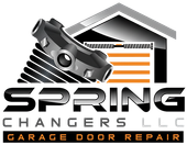 Spring Changers LLC garage door repair logo with house, spring, and orange accents