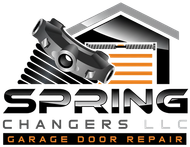 Spring Changers LLC garage door repair logo with black and orange garage door icon