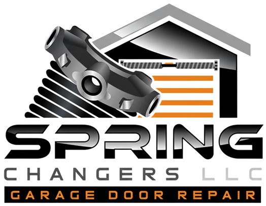 Spring Changers LLC garage door repair logo with black and orange garage door icon