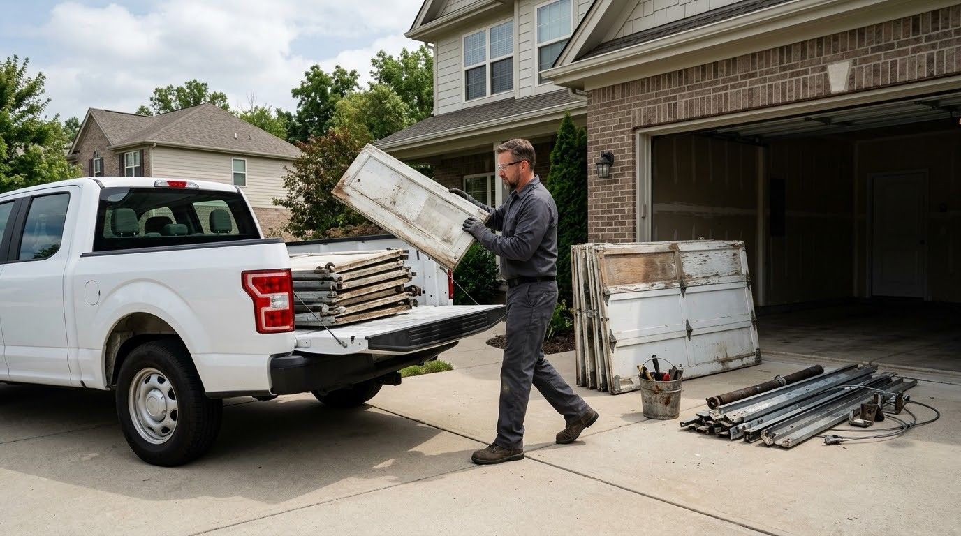 Worker loading metal materials into white pickup truck outside suburban garage.