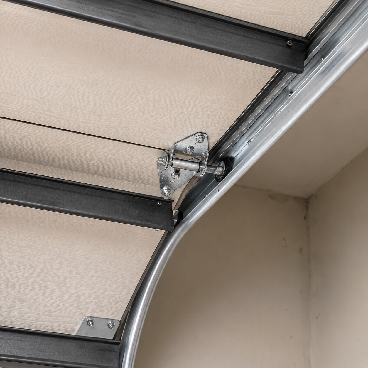 Close-up of a garage door hinge and curved metal track against a beige ceiling and wall