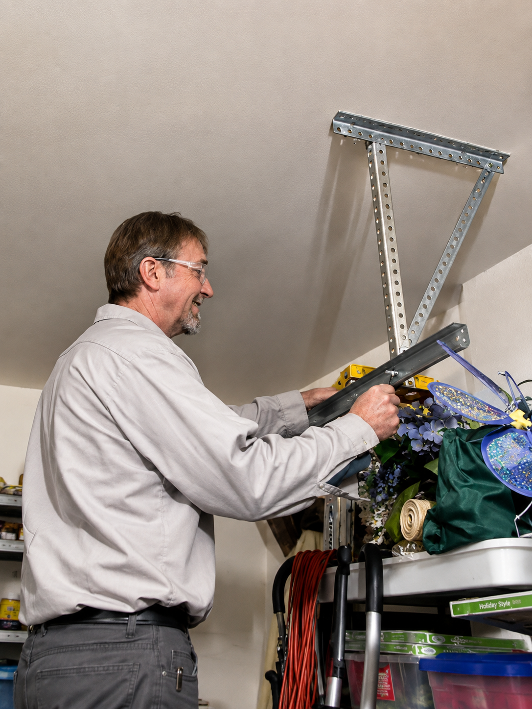 Man using a power tool to work on a shelf in a cluttered garage