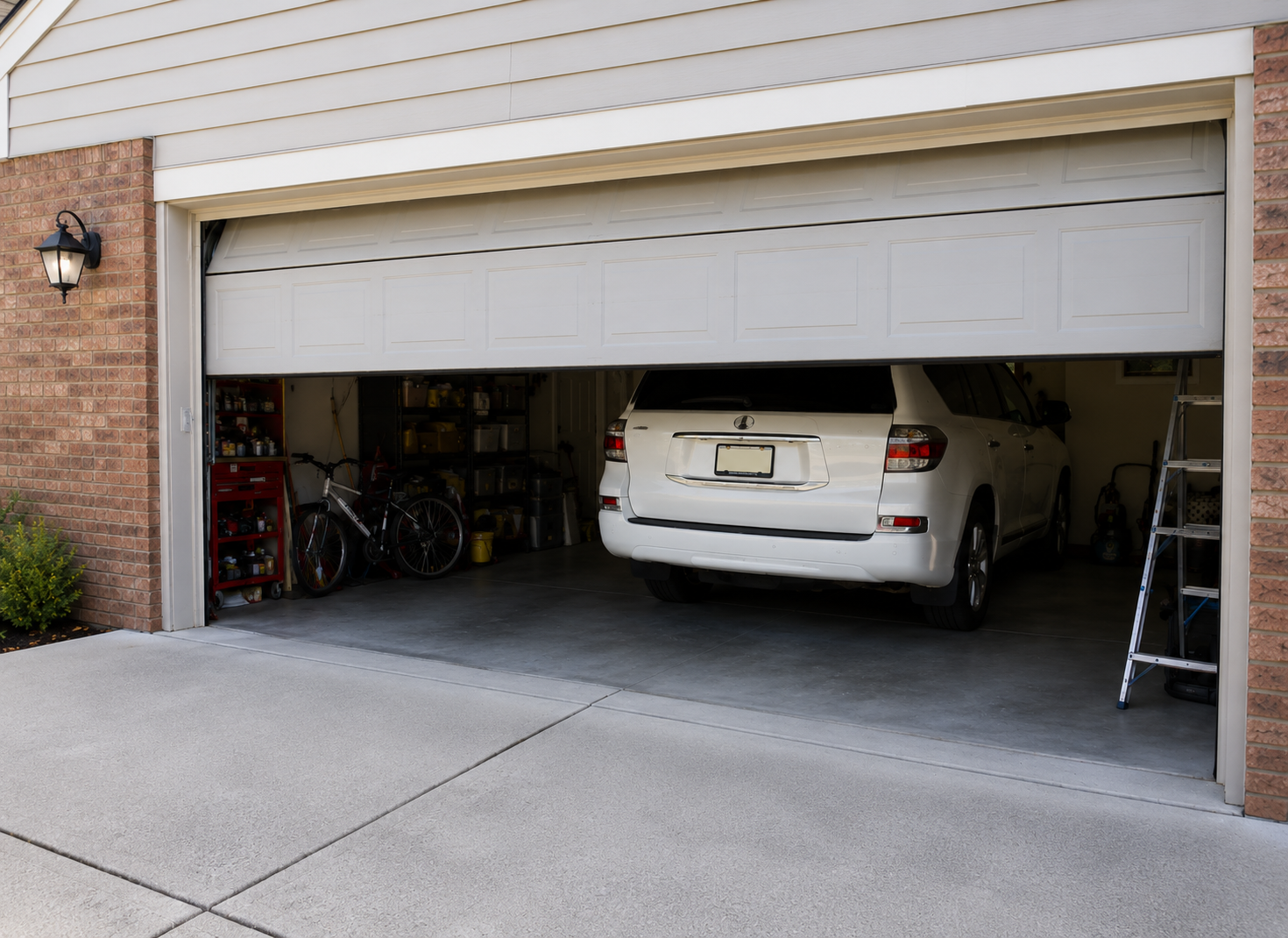 Partially open garage with a white SUV parked inside and bicycles along the left wall