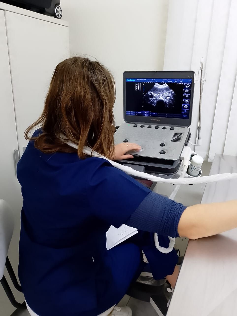 Una persona con uniforme azul opera una máquina de ultrasonido mientras mira una pantalla que muestra una imagen.