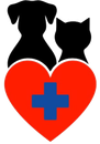 Siluetas de perros y gatos sobre un corazón rojo con una cruz azul, que representa la atención veterinaria.