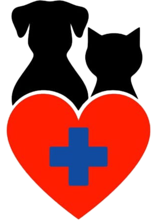 Siluetas de perros y gatos sobre un corazón rojo con una cruz azul, que representa la atención veterinaria.