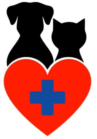 Siluetas de perros y gatos sobre un corazón rojo con una cruz azul, que representa el cuidado de las mascotas.
