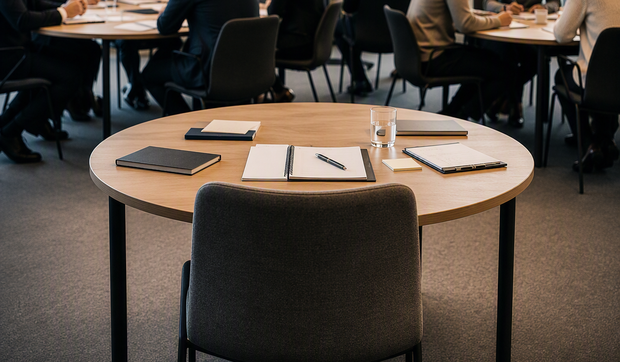 Round conference table with notebooks and pens in a meeting room