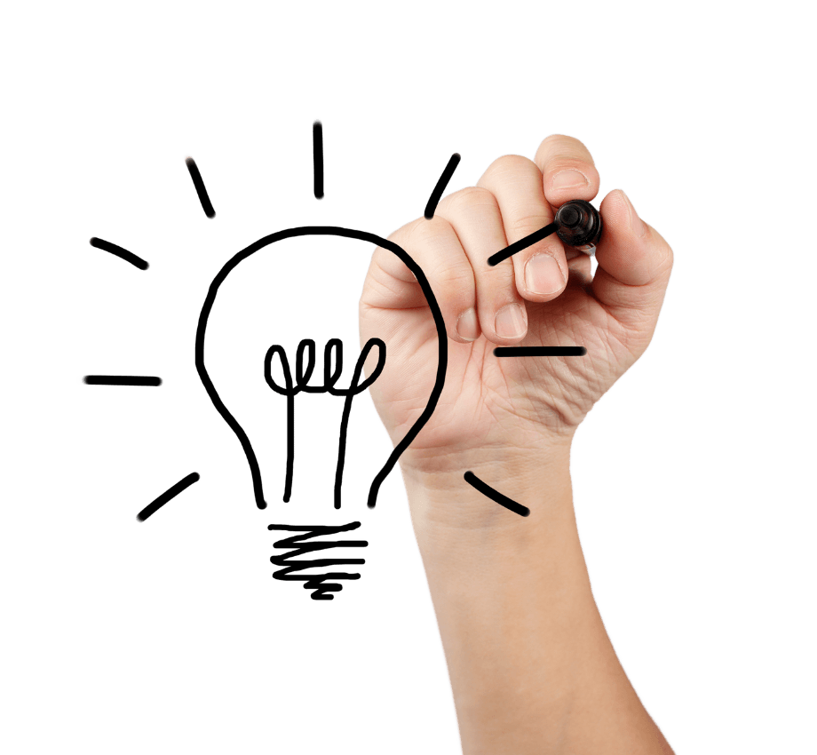 A hand is drawing a light bulb with a marker