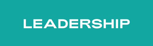 The word leadership is written in white on a blue background.