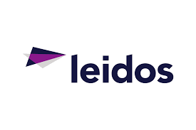 A logo for leidos with a purple triangle on a white background.