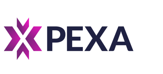 A purple and black logo for pexa