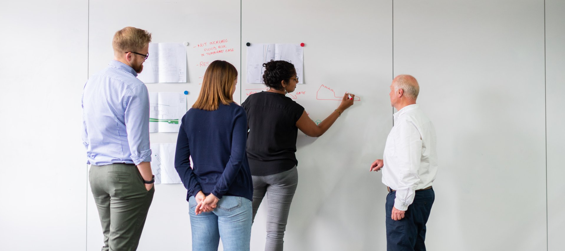 A group of people are standing in front of a whiteboard.