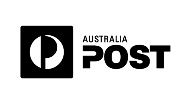 A black and white logo for australia post on a white background.