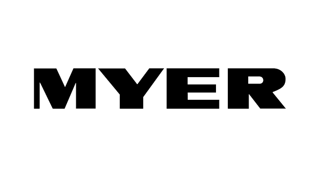 A black and white logo for myer on a white background.