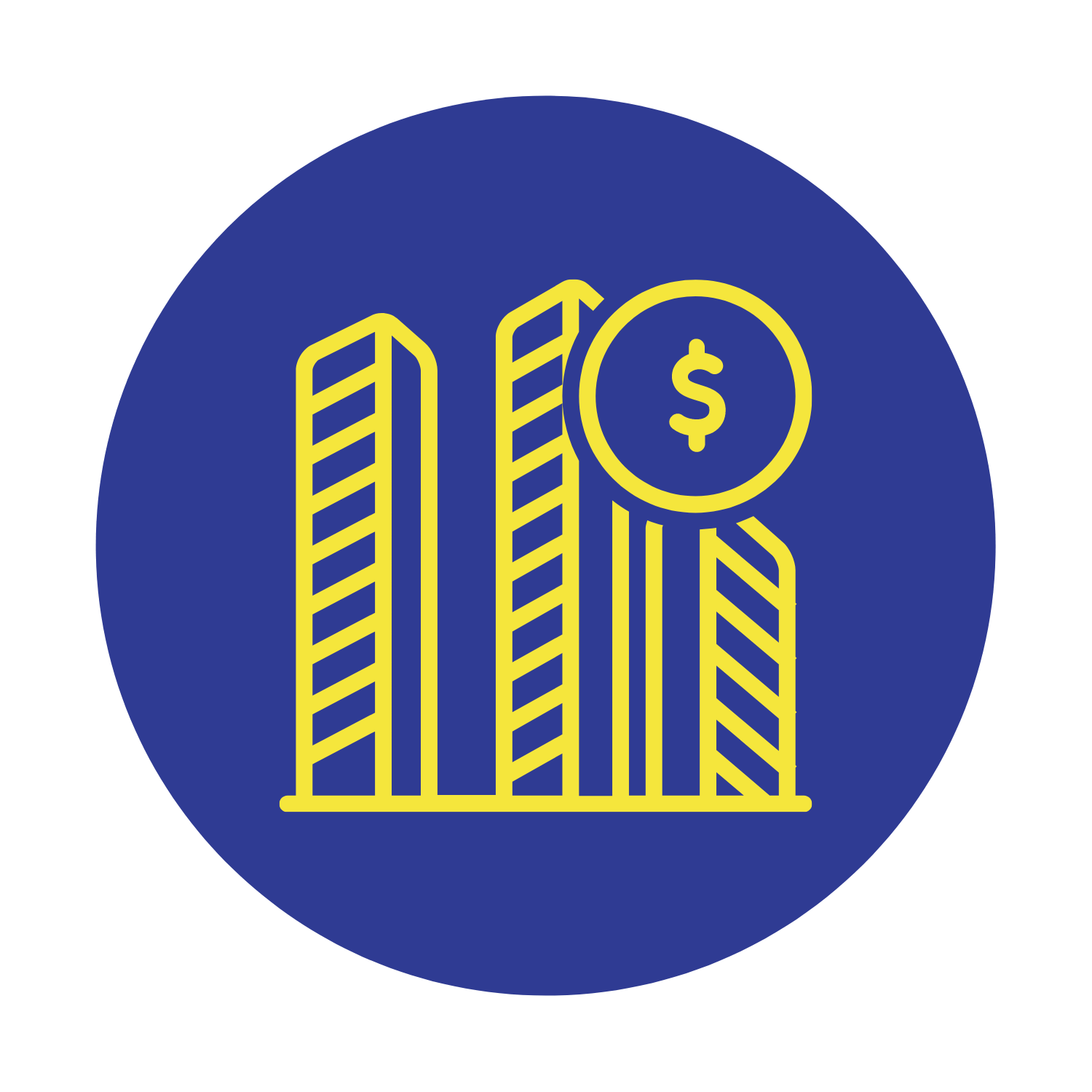 A blue circle with three buildings and a dollar sign in the middle.