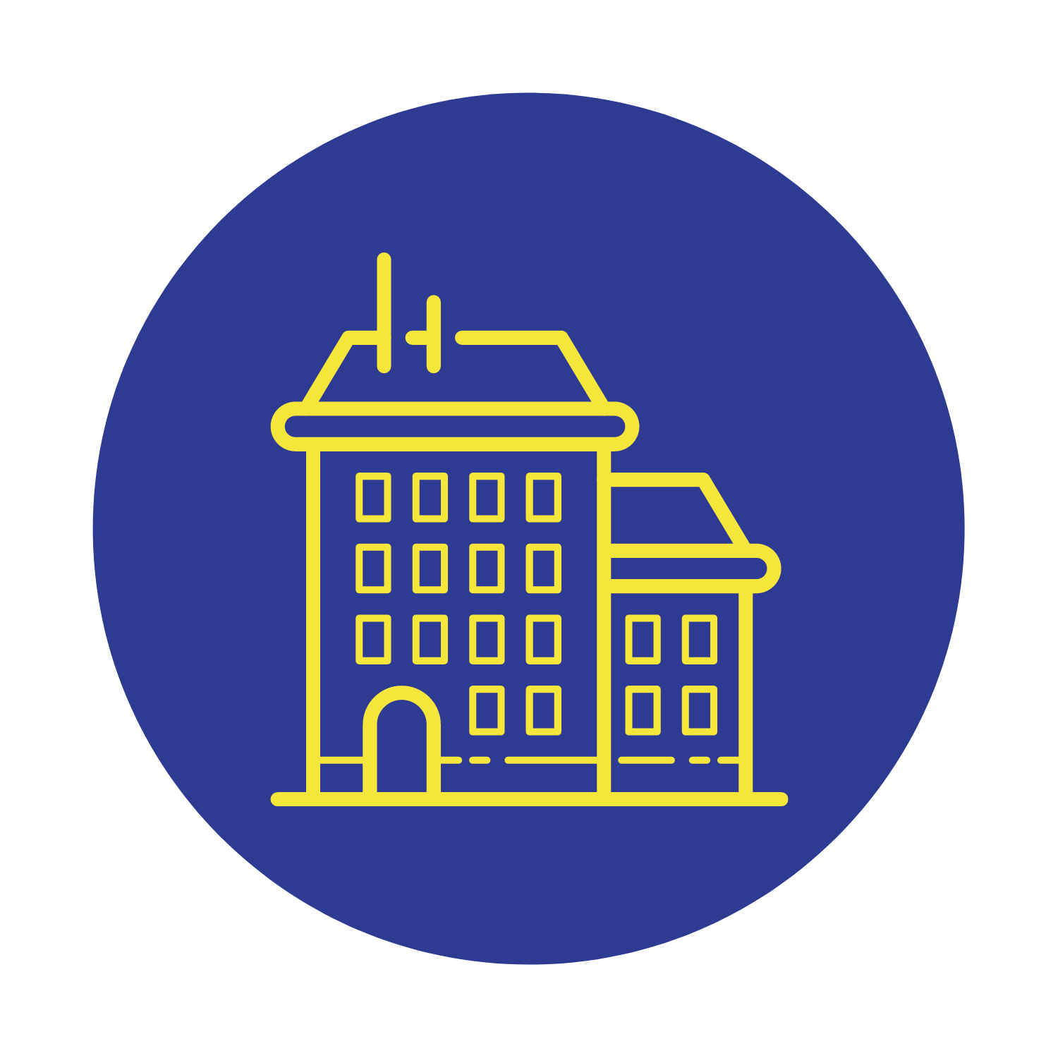 A yellow line drawing of a building in a blue circle.