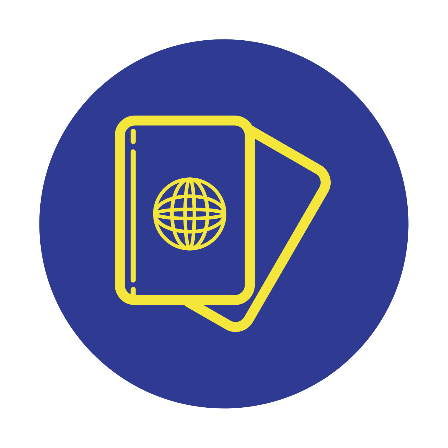 A stack of passports with a globe on them in a blue circle.